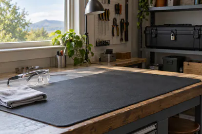 Mesa despejada con protección ocular y material preparado para un trabajo seguro