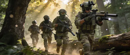 Equipo de jugadores de airsoft en posición táctica durante una partida MilSim.