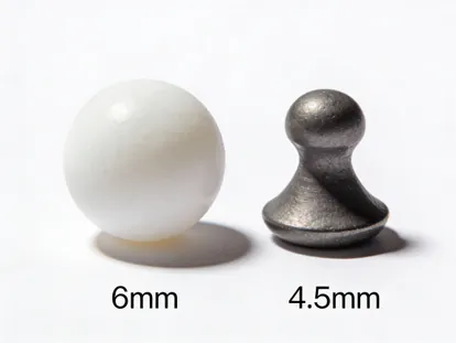 BBs de airsoft junto a balines de aire comprimido mostrando diferencia de tamaño.