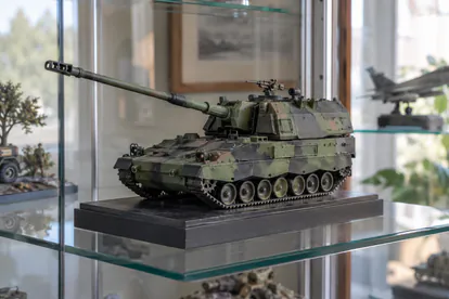 Maqueta estática de un obús autopropulsado de cadenas expuesta en una vitrina