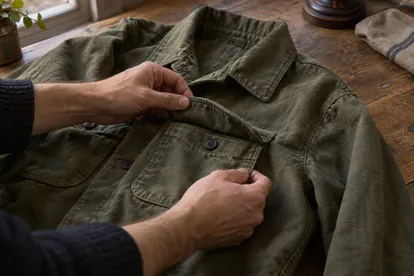 Manos revisando la tapeta y las costuras de una chaqueta de tejido Moleskin oliva