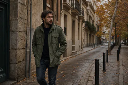 Hombre con chaqueta M65 verde oliva combinada con ropa urbana de otoño.