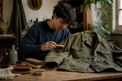 Cuidado manual de una chaqueta militar M65 vintage sobre una mesa de trabajo.