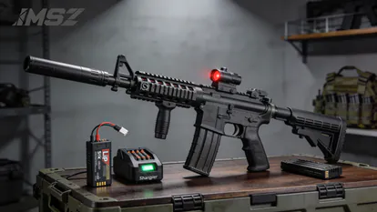 Réplica de fusil AEG eléctrico de airsoft con batería y cargador.