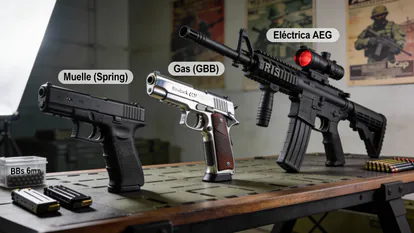 Diferentes tipos de réplicas de airsoft: muelle, gas y eléctrica AEG.