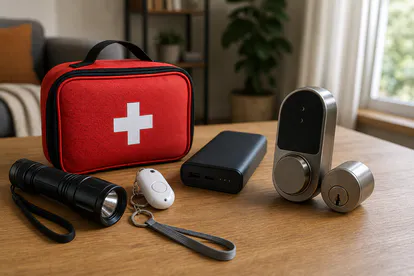 Kit de prevención con alarma personal, linterna, botiquín y batería externa.
