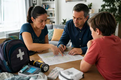 Familia preparando un plan doméstico de emergencia con botiquín y linterna.