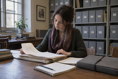 Investigadora consulta informes públicos en una sala de archivo con cajas documentales