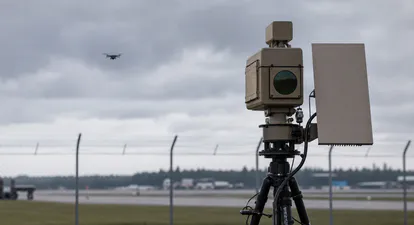Sensor de vigilancia detectando un dron a distancia en el perímetro de una base aérea.