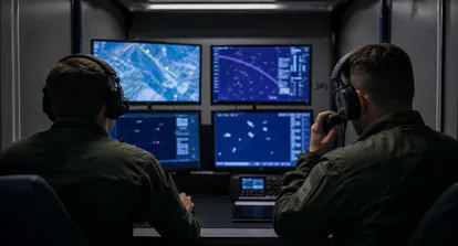 Operadores del sistema CROW supervisando sensores desde un puesto de mando móvil.