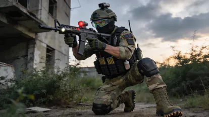 Jugador de airsoft completamente equipado con protección ocular, chaleco táctico y réplica.