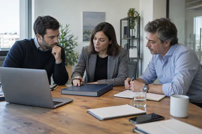 Equipo civil de ingeniería revisando documentación en una reunión de investigación industrial