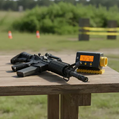 Réplica de airsoft siendo medida con cronógrafo en un campo de juego.