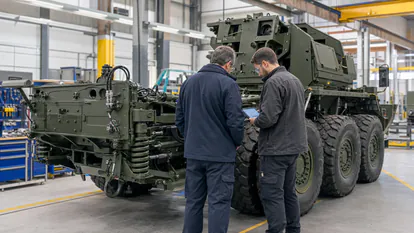Ingenieros revisando un chasis militar pesado en una nave de fabricacion.