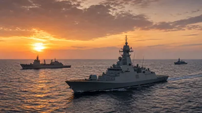 Grupo naval navegando en formación durante maniobras estratégicas en mar abierto.