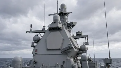 Mástil integrado con radares y sensores de un buque de guerra moderno.
