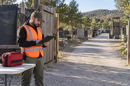 Organizador de airsoft comprueba una zona de acceso despejada junto a material de primeros auxilios