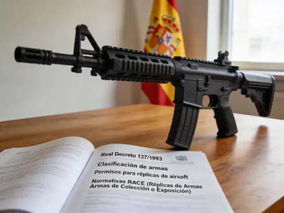 Réplica de airsoft junto a documentación legal del Reglamento de Armas.