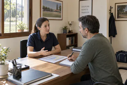 Formadora y alumno revisan un programa y sus dudas en la oficina de un club deportivo