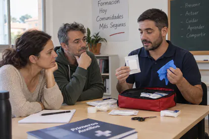 Instructor muestra material de un botiquín a dos adultos en una clase tranquila de primeros auxilios