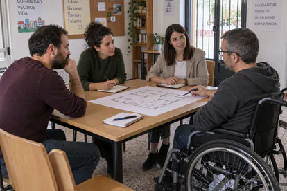 Equipo de un centro comunitario, incluida una persona en silla de ruedas, revisando un plan de emergencias