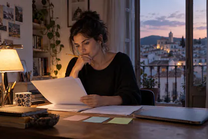 Escritora revisando un guion de thriller con tarjetas de escenas en su escritorio