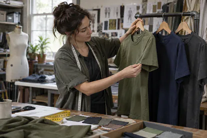 Ayudante de vestuario examinando una camiseta verde para un personaje de ficción
