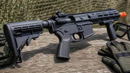 Detalle de empuñaduras y culatas de réplicas de airsoft con marcadores de seguridad visibles.