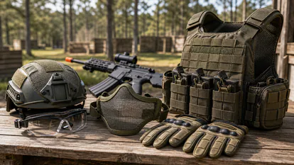 Equipamiento seguro de airsoft con gafas, chaleco, guantes y réplicas descargadas sobre una mesa.
