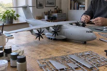 Maqueta gris de un transporte aéreo de cuatro hélices sobre una mesa de modelismo