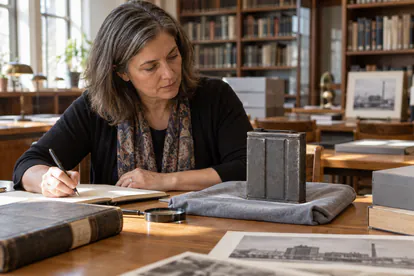 Investigadora consulta un inventario junto a una pieza de colección sobre una mesa de archivo